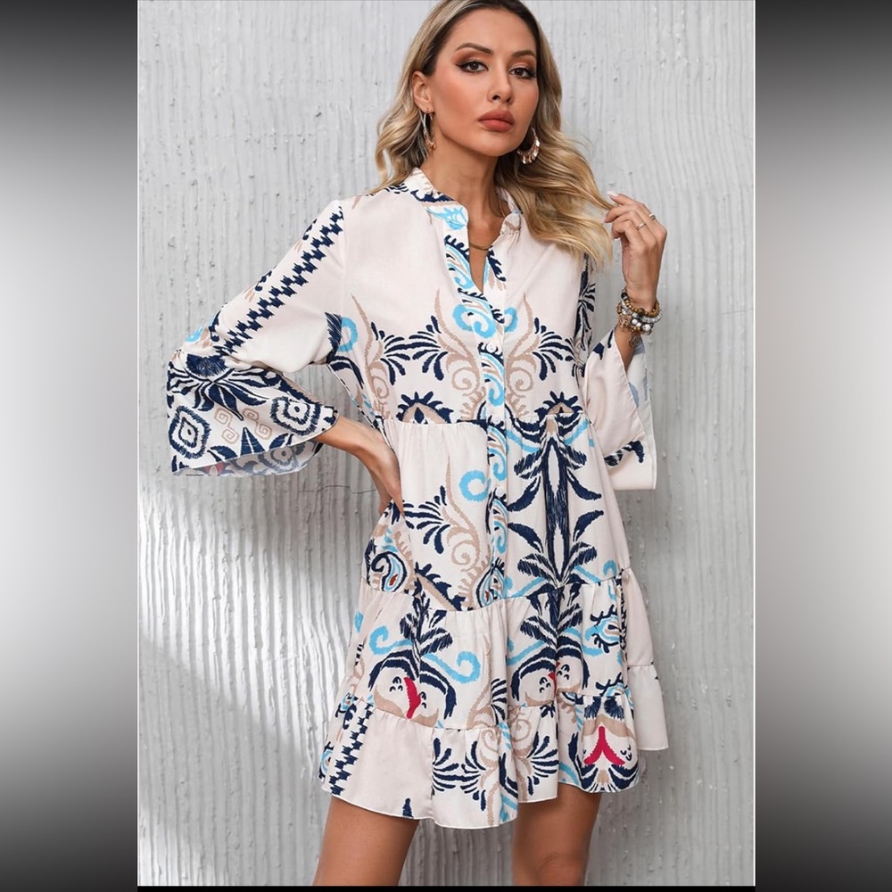 Boho Button Tiered Mini Dress Size XL Graphic Print